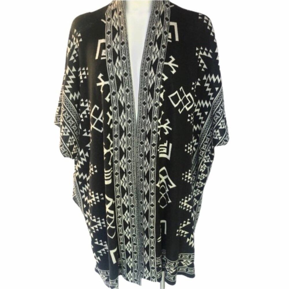 Indigo Aztec Print Oversized‎ Cardigan Sweater Women's Small Boho Cozy Knit